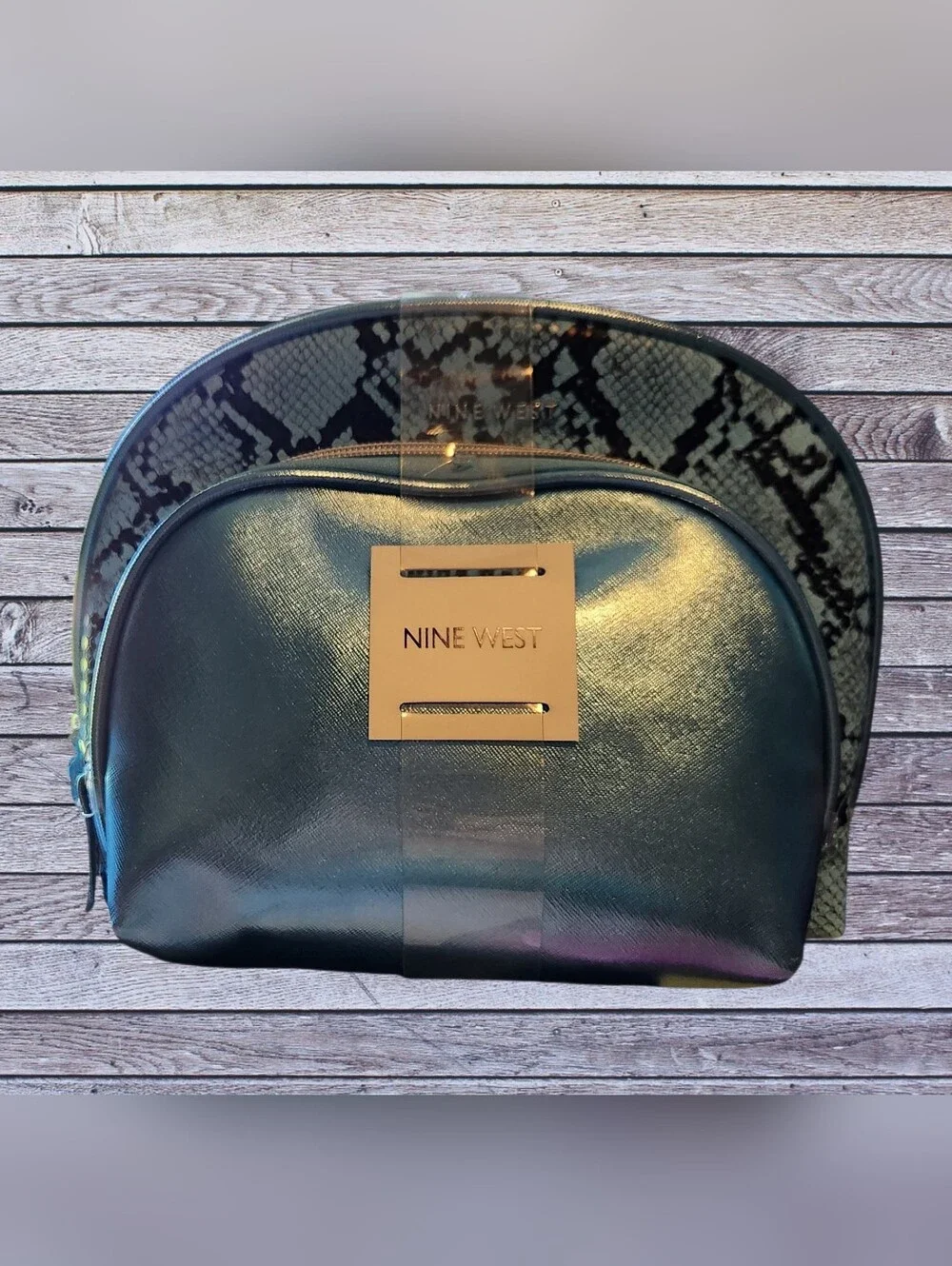 Nine West Boho Western Snake Skin Print Blue Cosmetic Travel Pouch Set. NWT